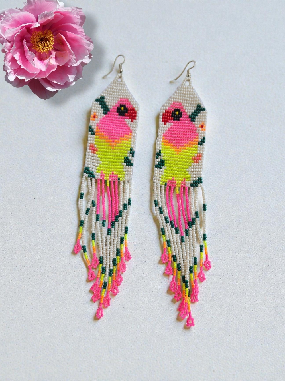 Handmade Seed Beaded Parrot Fringe Earrings - Pink & Neon